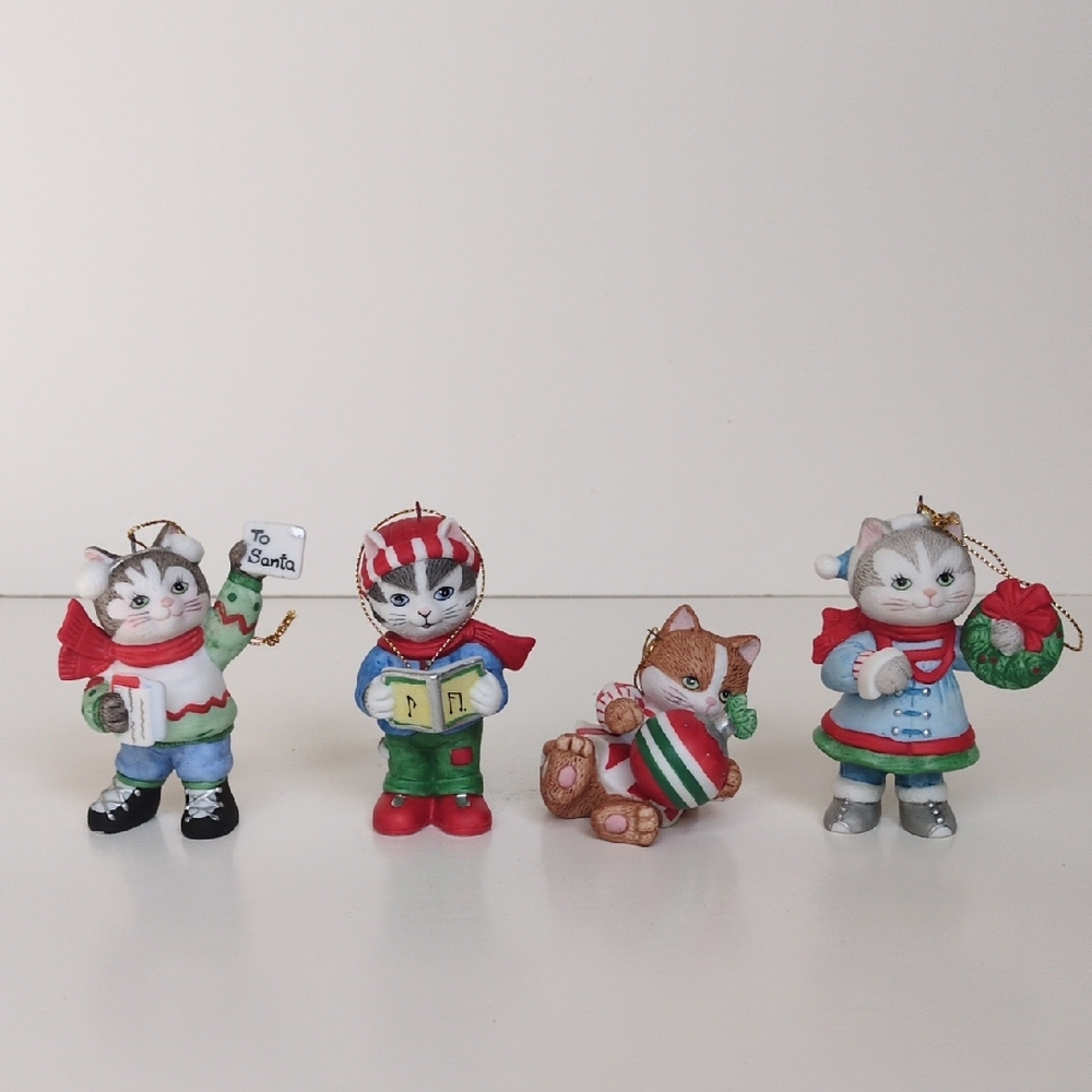 Vintage 90s Bronson Cat Christmas Ornaments - Caroling Kitty Wreath Santa Letter